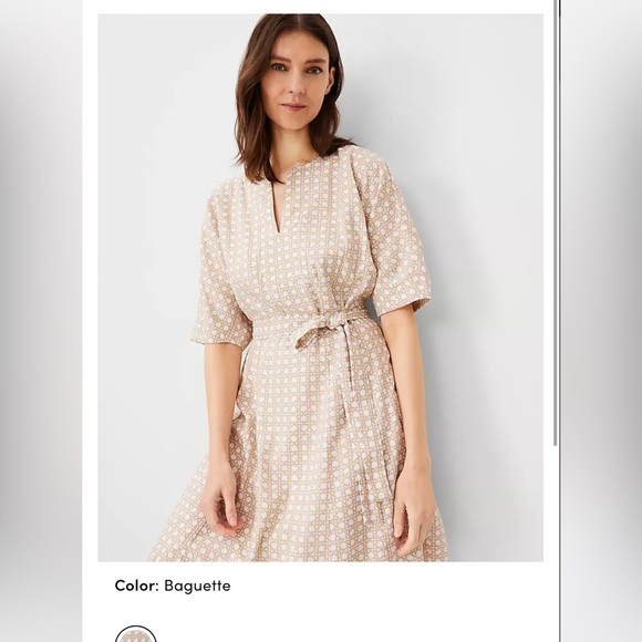 Lattice Linen Blend Split Neck Flare Dress NWOT - Picture 2 of 3